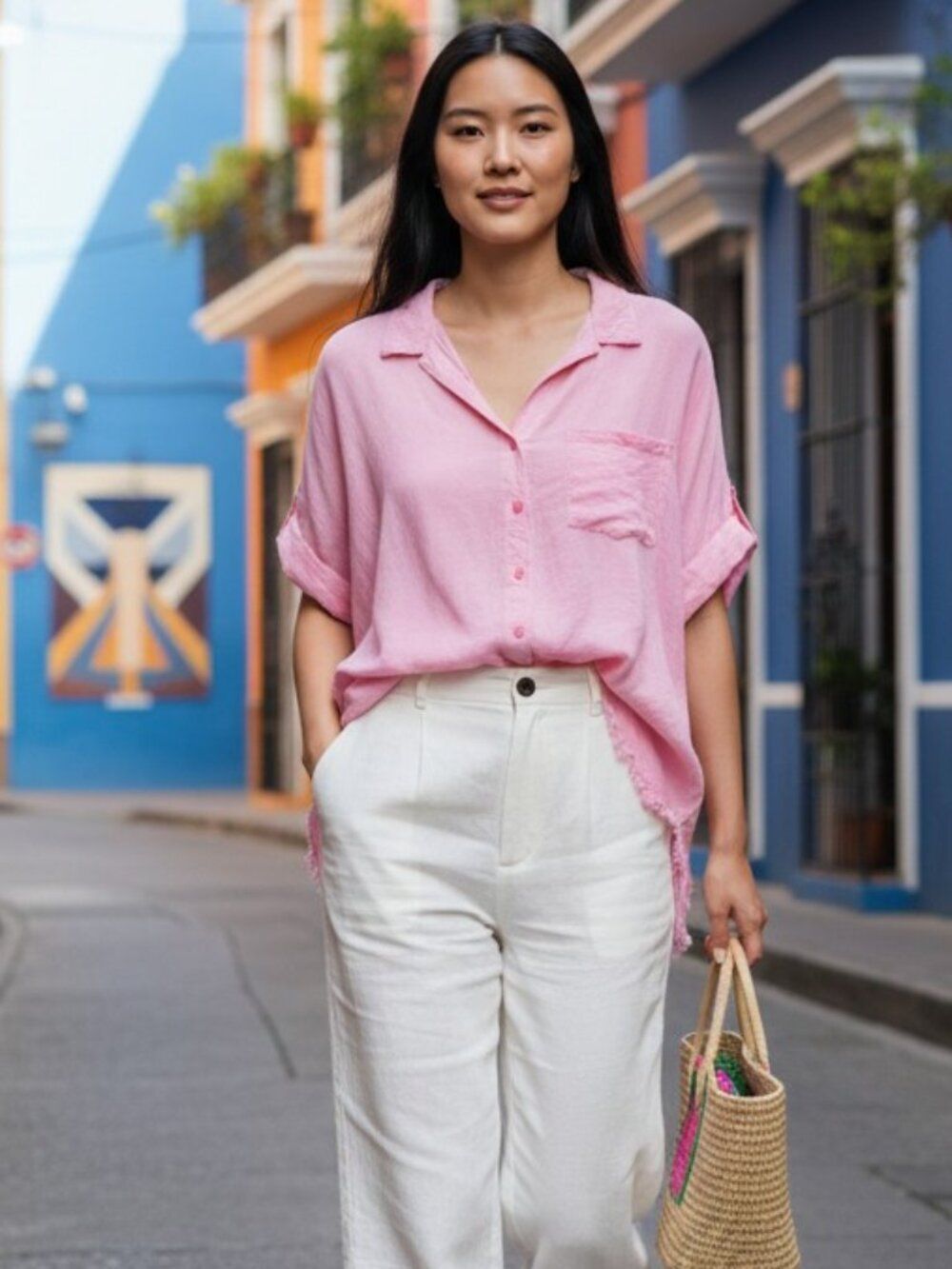 Umgee Plus Pink Washed Hi-Low Frayed Hem Button Down Distressed Top Size 1XL